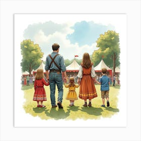 Watercolor View Of Romanian Families At English Cultural Festivals 1 Art Print