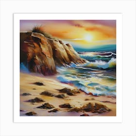 Artwork, oil colors, sea and sunset, seashore, beach rocks.San Francisco, USA.12 Art Print