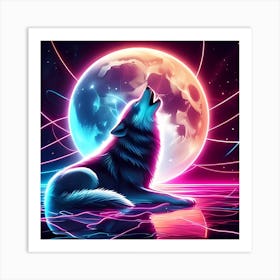 Neon Howling Wolf Art Print