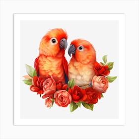 Parrots And Roses 5 Art Print