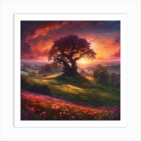 Old Oak Tree lit by Springtime Sunset Art Print