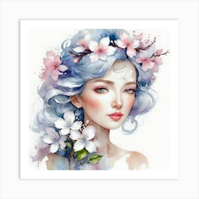 Watercolor Of A Girl With Flowers Art Print