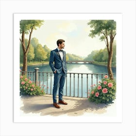 Sophisticated Man In Watercolor Suit, Romantic Riverside View 1 Art Print