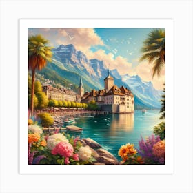 Switzerland With Lake Geneva And Chillon Castle Painting Art Art Print