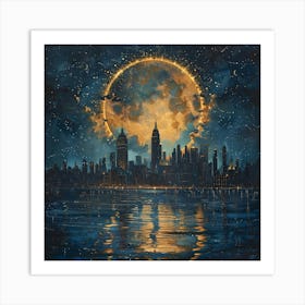 Full Moon Over New York City, Tiny Dots, Pointillism Art Print