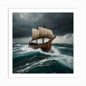 Viking Ship In Stormy Sea Art Print