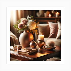 Table With Candles And Flowers Art Print