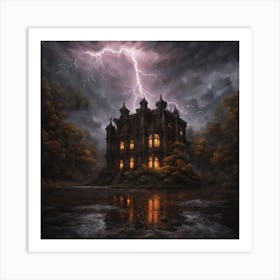 An Abandoned Large Palace In The Midst Of A Dark Forest With Eerie Rainy Weather And The Predomin (2) Art Print