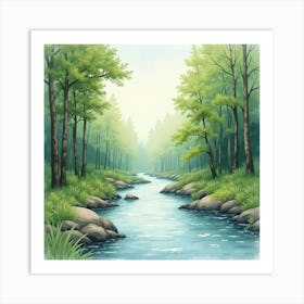 A Gentle River Flowing Through A Forest, Captured In Soft, Serene Watercolor 1 Art Print