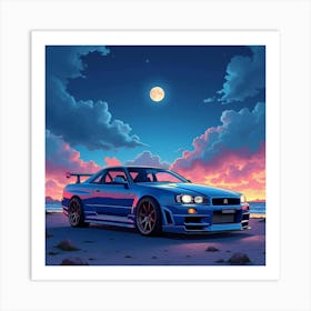 Nissan Gt R R34 With A Vivid Watercolor Night Sky, No Logo Or Signature 1 Art Print