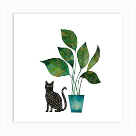 Black Cat And House Plant Art Print