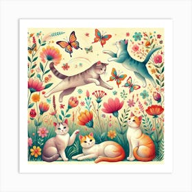 Playful Cats In A Whimsical Garden Printed Art A Delightful Illustration Of Playful Cats In A Vibrant Garden, Perfect For Bringing Joy And Charm To Any Cat Lover’S Space Printed Art Art Print