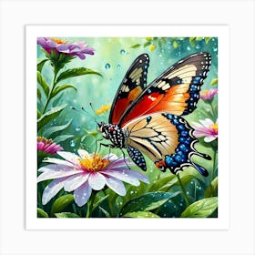 Butterfly On A Blooming Flower In Spring Garden, Painting Art Art Print