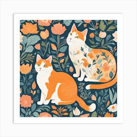 Orange Cats In Floral Pattern Art Print