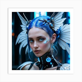 Futuristic Girl With Blue Wings Art Print