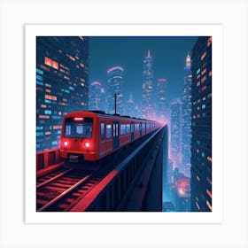 Train Darting Through A Glowing Neon City At Night With Towering Buildings 1 Art Print