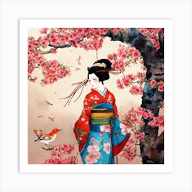 Japanese Botanical And Geisha Art Print 2 Art Print