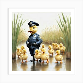 Police Officer With Ducklings Art Print