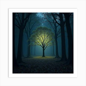 A Glowing Tree In The Middle Of A Dark, Enchanted Forest 1 Art Print