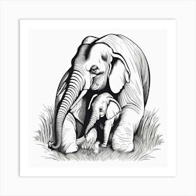 Elephant And Baby, A Mother Animal Caring For Her Young Illustrating Nurturing And Love Art Print