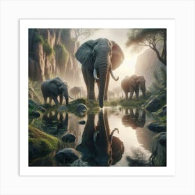 Elephants In The Water 1 Art Print