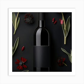 Black Wine Bottle On Black Background Art Print