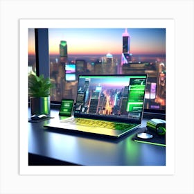 Laptop On Desk With City View Art Print