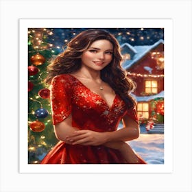 Christmas Girl In Red Dress Art Print