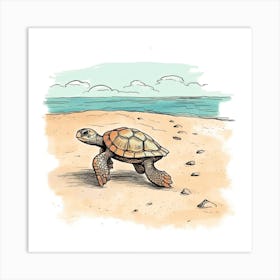 Cute Sea Turtle On The Beach Drawing 8 Art Print