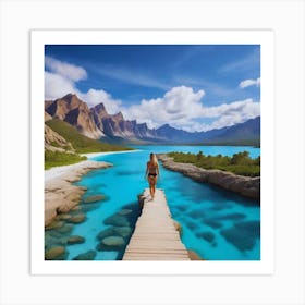 Woman Walks Across A Wooden Bridge Art Print