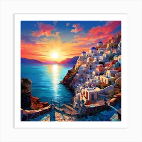 Oia Village At Sunset Art Print