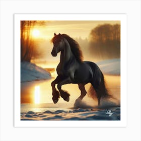 Beautiful Black Stallion Trotting In The Snow Copy Art Print