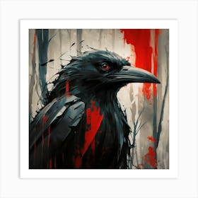 Black And Red Cinematic Acryl Painting Of A Crow Art Print