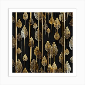 Gold Leaves On Black Background Art Print