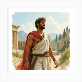 A Watercolor Image Of A Greek Man With An Air Of Mystique Amidst A Historical Landscape 1 Art Print