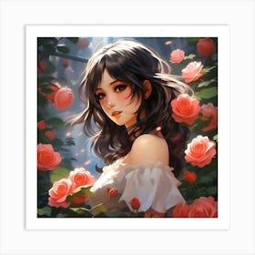 Japanese girl and roses Art Print