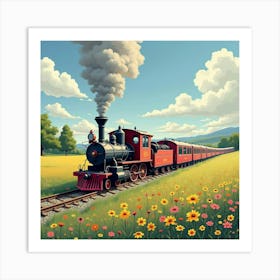 Rustic Train Chugging Through A Blooming Meadow Landscape 1 Art Print