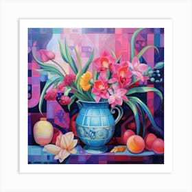 Art Deco still life painting of a vase filled with exotic flowers in vibrant shades of pink, purple, and blue Art Print