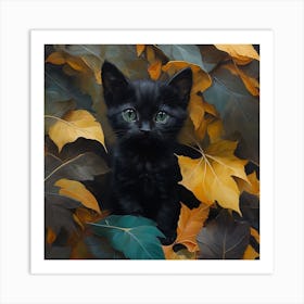 Black Kitten In Autumn Leaves 7 Art Print