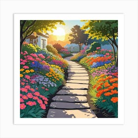 Colorful Landscape Painting With Flowering Daisies In Naive Art Style (1) Art Print