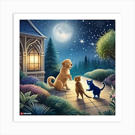 Cat And Dog At Night Art Print