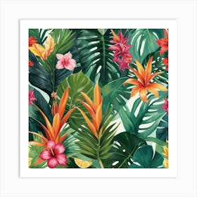 Tropical Leaves And Flowers paintings art print Art Print