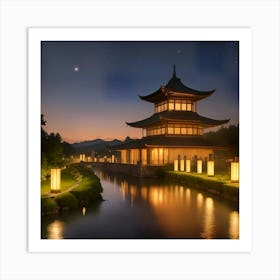 Asian Pagoda At Night Art Print