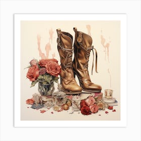 Boots And Roses 1 Art Print