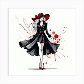 Glamour Woman In A Black Coat Art Print