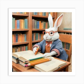 Rabbit In The Library 3 Art Print