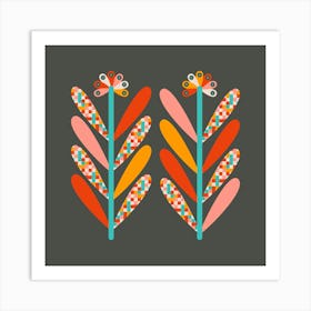 BLOOMS Mid-Century Modern Scandi Folk Floral in Vintage Retro Colours on Charcoal Brown Art Print