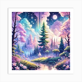 A Fantasy Forest With Twinkling Stars In Pastel Tone Square Composition 109 Art Print