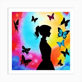 Silhouette Of A Girl With Butterflies 5 Art Print