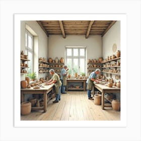 Watercolor Scene Of An English Pottery Studio With Artists At Work 1 Art Print